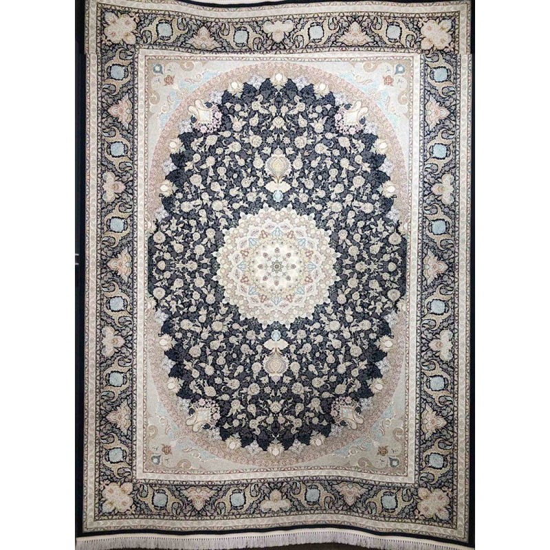 فرش 1500 شانه طرح سلطان زمینه سورمه ای (گل برجسته)