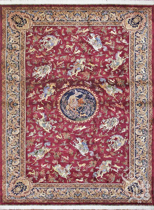 فرش قیطران 1200 شانه کلکسیون ابریشمی طرح شکارگاه زمینه رناسی (برجسته)