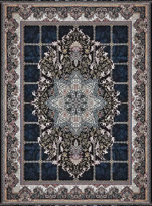 فرش کاشان (RUG) 500 شانه طرح هیوا زمینه مشکی (غیربرجسته) 
