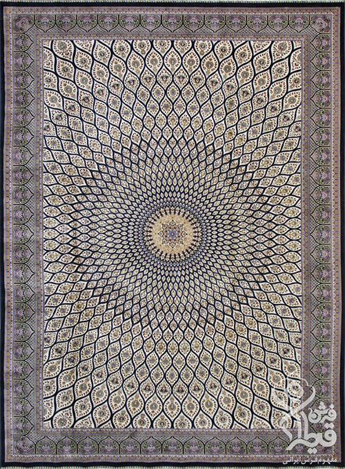 فرش قیطران 1200 شانه کلکسیون ابریشمی طرح خورشید زمینه سورمه ای (برجسته)