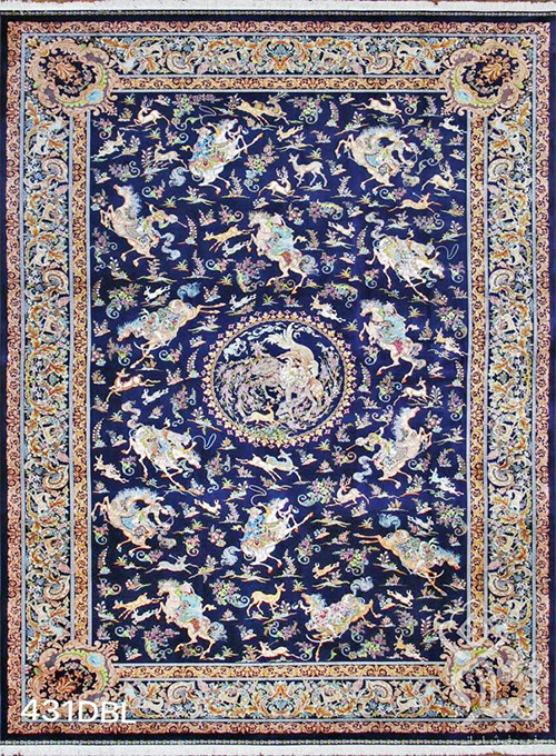 فرش قیطران 1200 شانه کلکسیون ابریشمی طرح شکارگاه زمینه سورمه ای (برجسته)