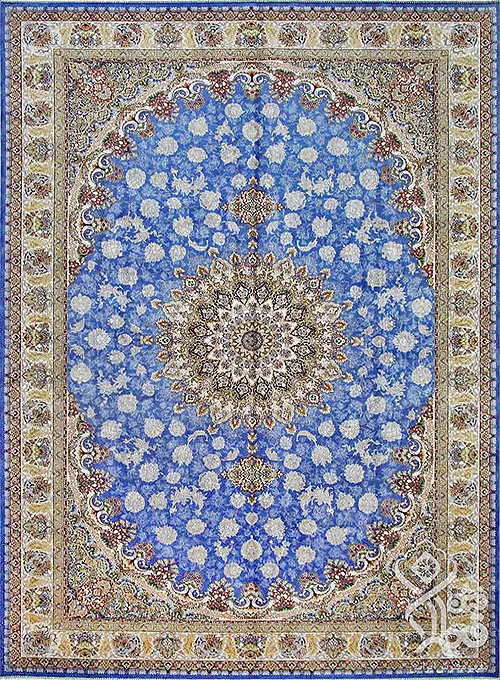 فرش قیطران 1200 شانه کلکسیون ابریشمی طرح الیسا زمینه آبی روشن (برجسته)