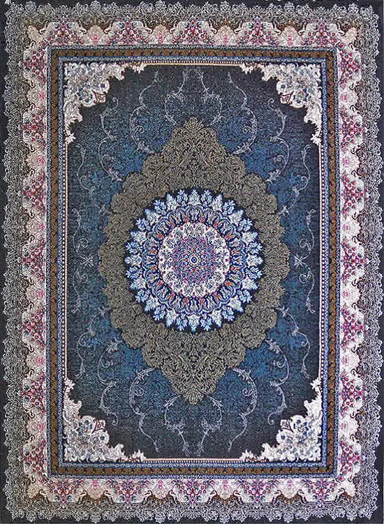 فرش ماشینی 440 شانه طرح دلاریس زمینه سورمه ای (غیربرجسته)