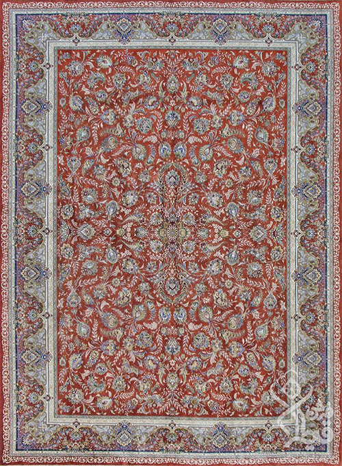 فرش قیطران 1200 شانه کلکسیون ابریشمی طرح شیلا زمینه سوسنی (برجسته)