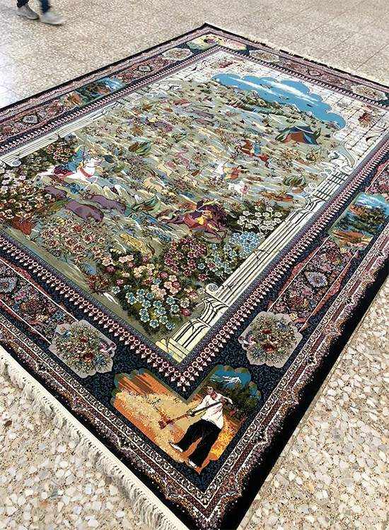  فرش تک ستاره کویر 1200 شانه طرح شکارگاه زمینه سورمه ای (غیربرجسته) 