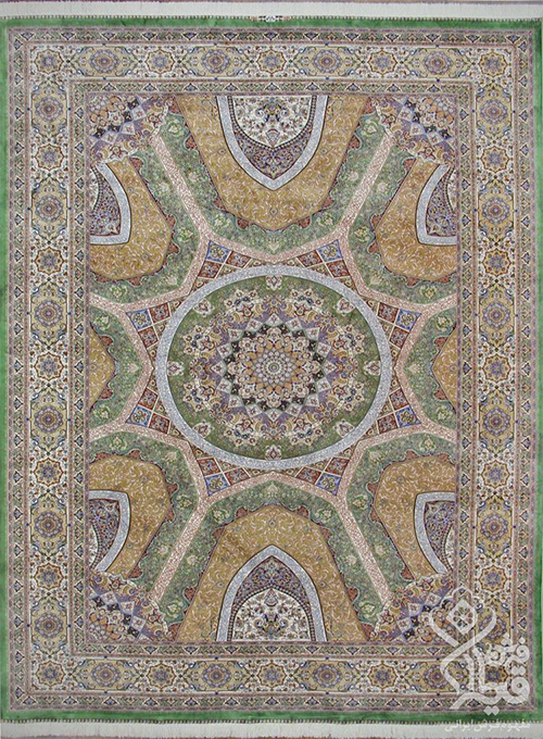 فرش قیطران 1200 شانه کلکسیون ابریشمی طرح الینا زمینه سبز (برجسته)