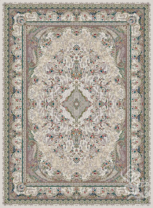فرش قیطران 1500 شانه طرح مهرآیین زمینه کرم (برجسته)