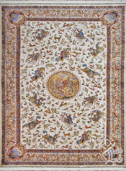 فرش قیطران 1200 شانه کلکسیون ابریشمی طرح شکارگاه زمینه کرم (برجسته)