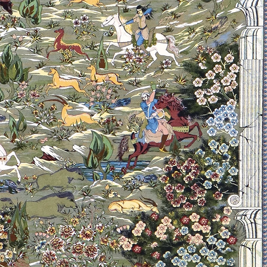  فرش تک ستاره کویر 1200 شانه طرح شکارگاه زمینه سورمه ای (غیربرجسته) 