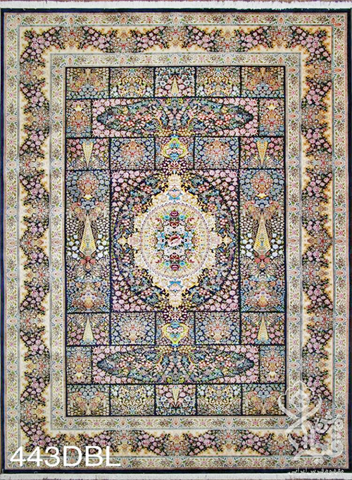 فرش قیطران 1200 شانه کلکسیون ابریشمی طرح شاهنامه زمینه سورمه ای (برجسته)