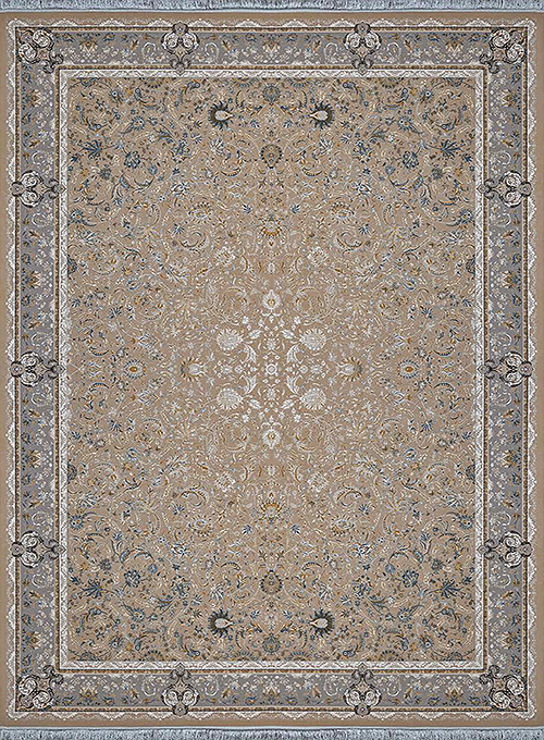 فرش آراد کاشان 1500 شانه طرح آذین زمینه بژ (برجسته)