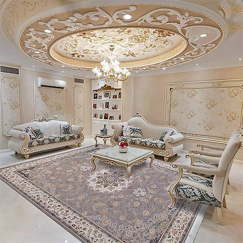  فرش محتشم 1500 شانه طرح گل گشت زمینه نقره ای حاشیه کرم (برجسته) 