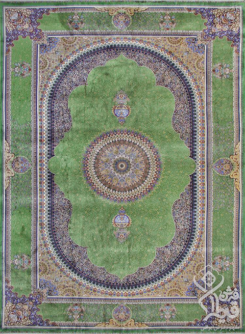 فرش قیطران 1200 شانه کلکسیون ابریشمی طرح ترنم زمینه سبز (برجسته)