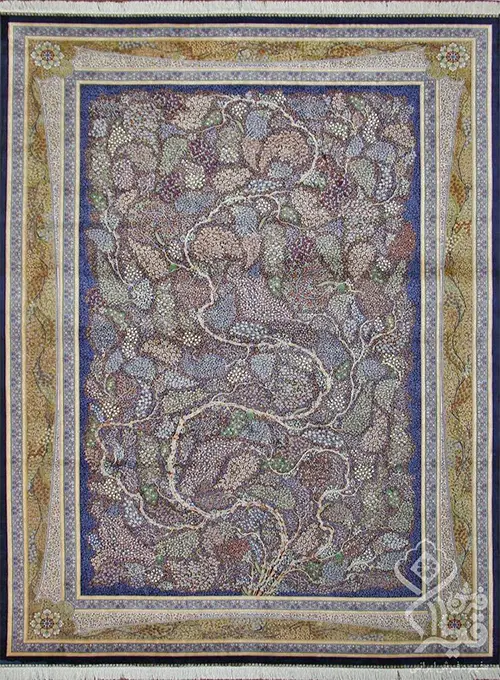 فرش قیطران 1200 شانه کلکسیون ابریشمی طرح شاهنامه 2 زمینه سورمه ای (برجسته)