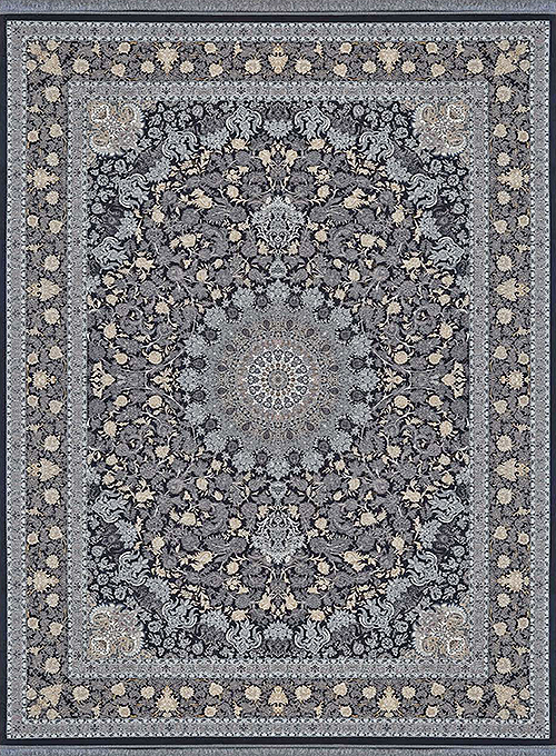 فرش آراد کاشان 1500 شانه طرح زرین زمینه ذغالی (برجسته)