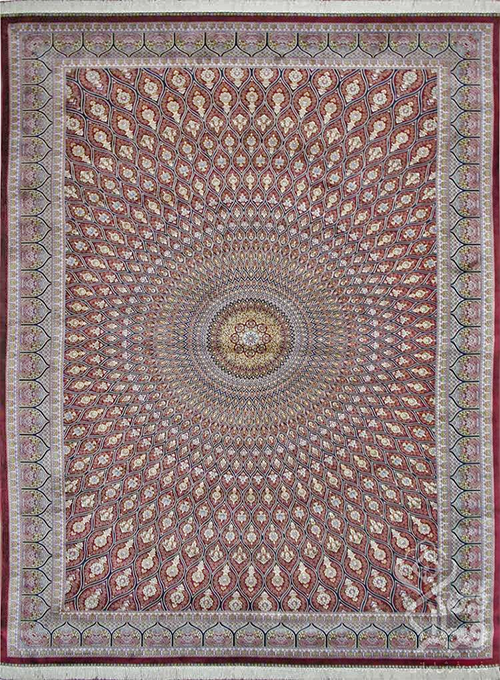 فرش قیطران 1200 شانه کلکسیون ابریشمی طرح خورشید زمینه رناسی (برجسته)