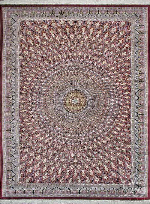فرش قیطران 1200 شانه کلکسیون ابریشمی طرح خورشید زمینه رناسی (برجسته)