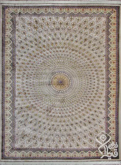 فرش قیطران 1200 شانه کلکسیون ابریشمی طرح خورشید زمینه کرم (برجسته)