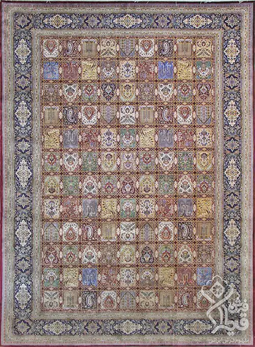 فرش قیطران 1200 شانه کلکسیون ابریشمی طرح توتیا زمینه رناسی (برجسته)