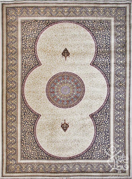 فرش قیطران 1200 شانه کلکسیون ابریشمی طرح ترمه زمینه کرم (برجسته)
