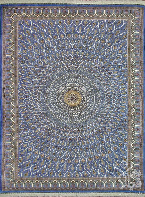 فرش قیطران 1200 شانه کلکسیون ابریشمی طرح خورشید زمینه آبی روشن (برجسته)