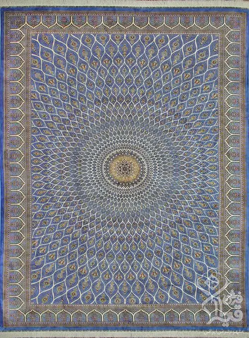 فرش قیطران 1200 شانه کلکسیون ابریشمی طرح خورشید زمینه آبی روشن (برجسته)