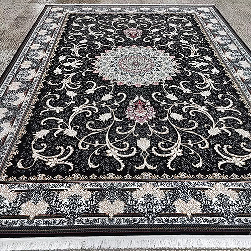  فرش کاشان (RUG) 500 شانه طرح طناز زمینه مشکی (غیربرجسته) 