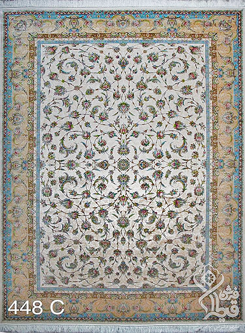فرش قیطران 1200 شانه کلکسیون ابریشمی طرح گلبهار زمینه کرم (برجسته)