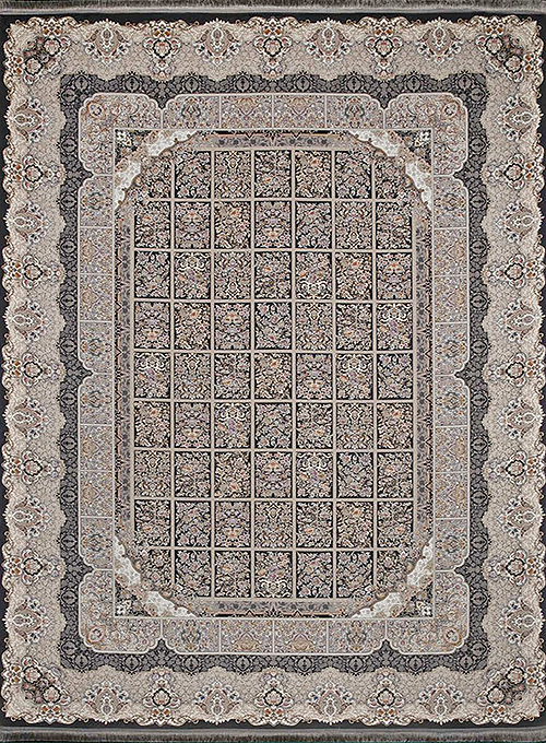 فرش آراد کاشان 1500 شانه طرح مرداس زمینه ذغالی (برجسته)