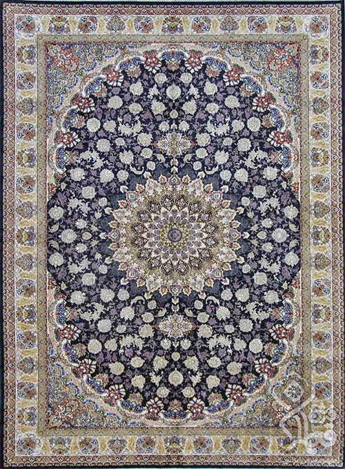 فرش قیطران 1200 شانه کلکسیون ابریشمی طرح الیسا زمینه سورمه ای (برجسته)