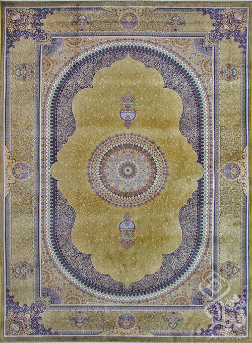 فرش قیطران 1200 شانه کلکسیون ابریشمی طرح ترنم زمینه طلایی (برجسته)