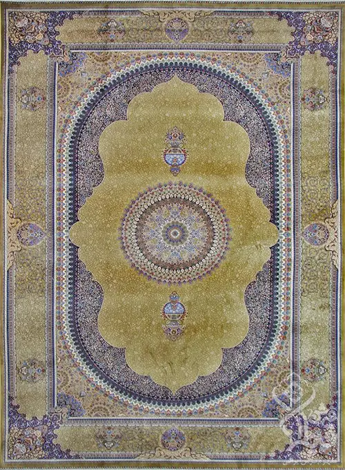 فرش قیطران 1200 شانه کلکسیون ابریشمی طرح ترنم زمینه طلایی (برجسته)