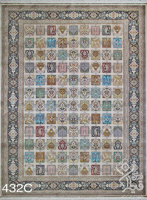  فرش قیطران 1200 شانه کلکسیون ابریشمی طرح خشتی زمینه کرم (برجسته) 