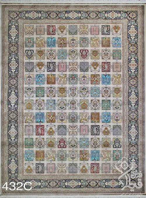 فرش قیطران 1200 شانه کلکسیون ابریشمی طرح خشتی زمینه کرم (برجسته)
