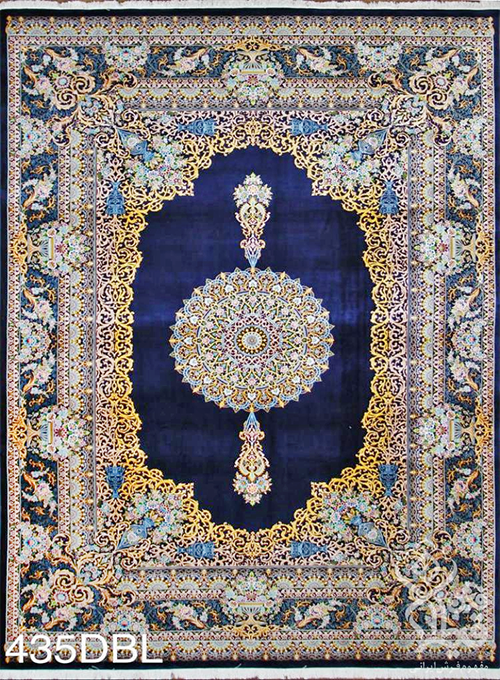 فرش قیطران 1200 شانه کلکسیون ابریشمی طرح آیینه زمینه سورمه ای (برجسته)
