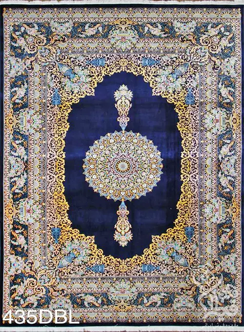 فرش قیطران 1200 شانه کلکسیون ابریشمی طرح آیینه زمینه سورمه ای (برجسته)
