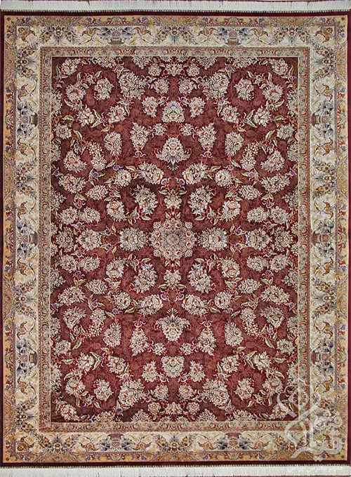 فرش قیطران 1200 شانه کلکسیون ابریشمی طرح بهشت زمینه رناسی (برجسته)