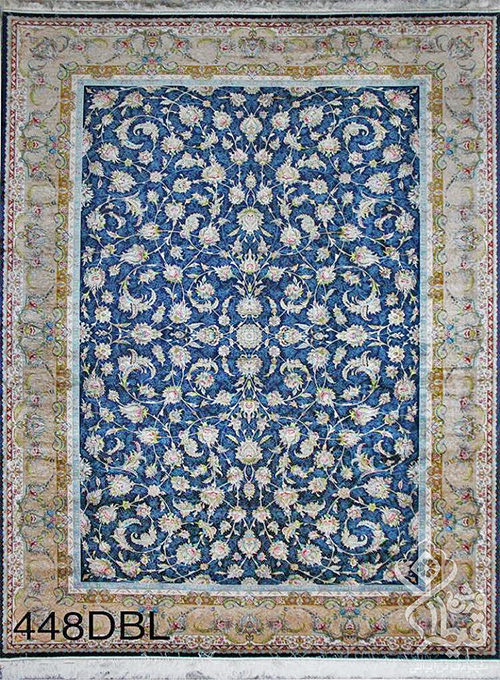 فرش قیطران 1200 شانه کلکسیون ابریشمی طرح گلبهار زمینه سورمه ای (برجسته)