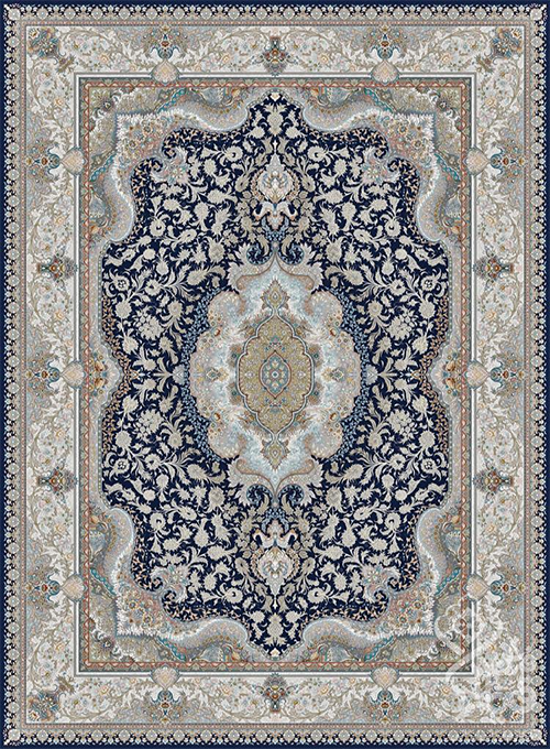 فرش قیطران 1500 شانه طرح حریر زمینه سورمه ای (برجسته)