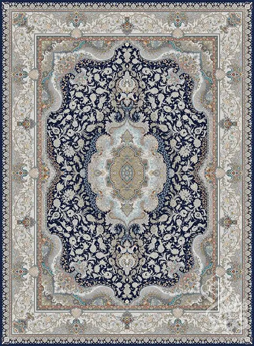 فرش قیطران 1500 شانه طرح حریر زمینه سورمه ای (برجسته)