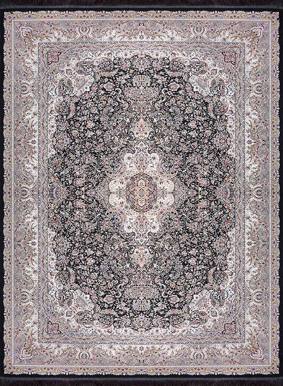 فرش آراد کاشان 1500 شانه طرح آیسل زمینه ذغالی (برجسته)