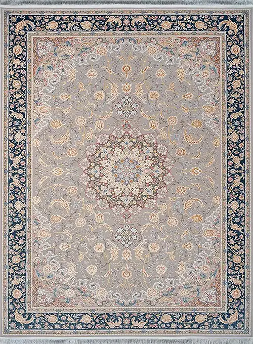 فرش محتشم 1500 شانه طرح گل گشت زمینه نقره ای اطلسی (برجسته)