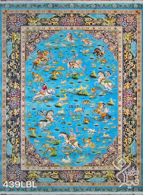 فرش قیطران 1200 شانه کلکسیون ابریشمی طرح شکارگاه شاه عباسی زمینه آبی روشن (برجسته)