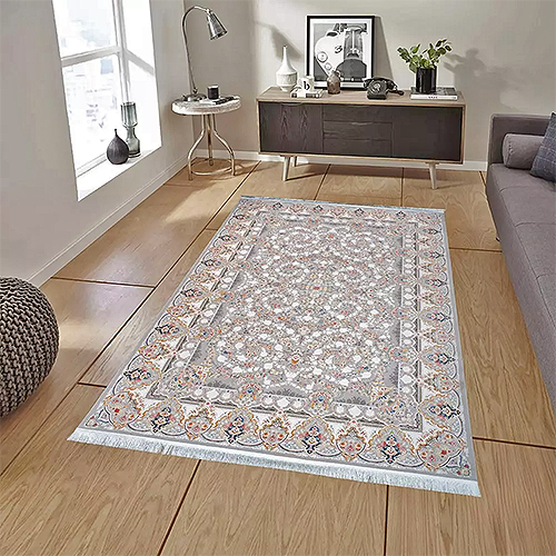  فرش محتشم 1500 شانه طرح باغ جان زمینه نقره ای (برجسته) 