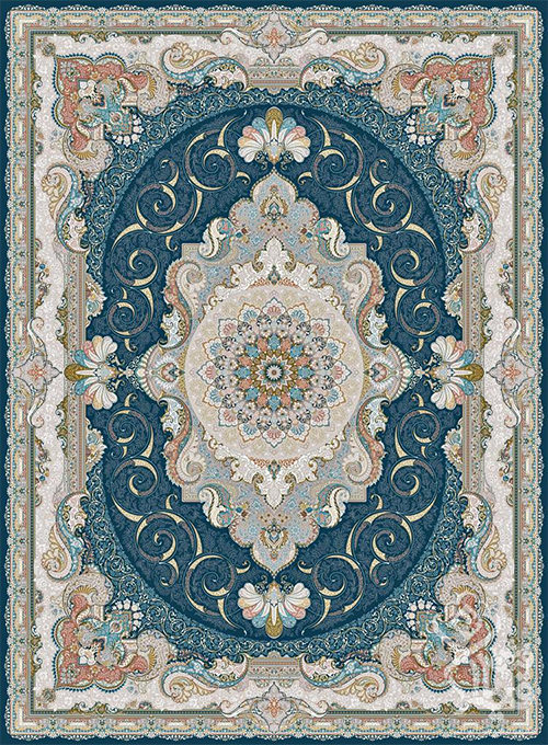 فرش قیطران 1500 شانه طرح زرین زمینه سورمه ای (برجسته)