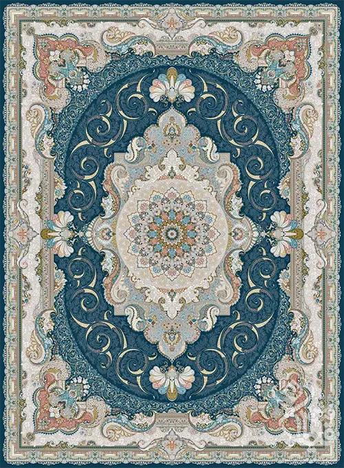 فرش قیطران 1500 شانه طرح زرین زمینه سورمه ای (برجسته)