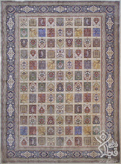 فرش قیطران 1200 شانه کلکسیون ابریشمی طرح توتیا زمینه کرم (برجسته)