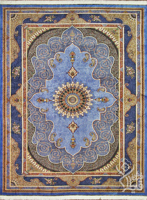 فرش قیطران 1200 شانه کلکسیون ابریشمی طرح پرستو زمینه آبی روشن (برجسته)