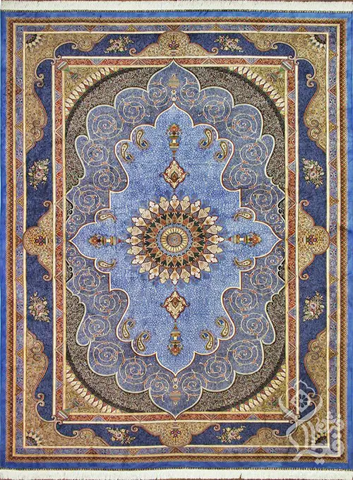 فرش قیطران 1200 شانه کلکسیون ابریشمی طرح پرستو زمینه آبی روشن (برجسته)