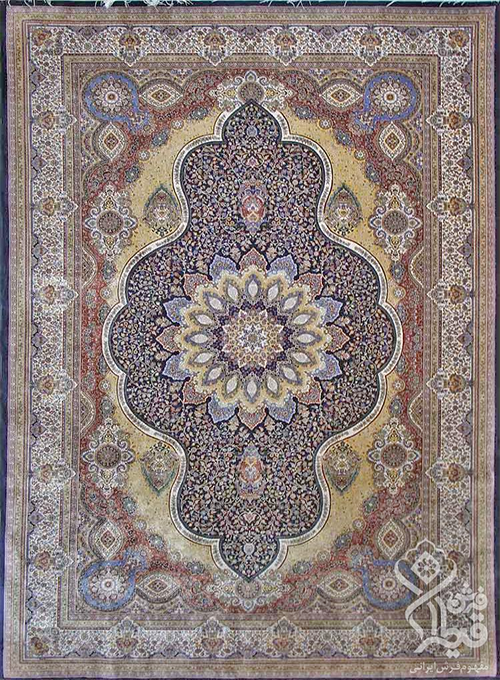فرش قیطران 1200 شانه کلکسیون ابریشمی طرح آترین زمینه سورمه ای (برجسته)